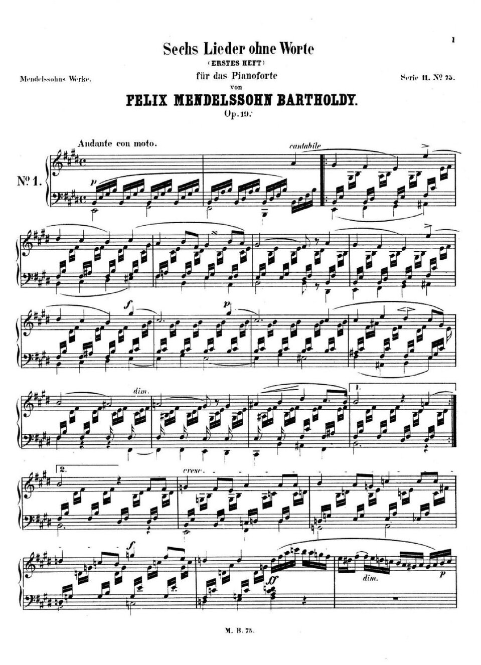 Ilustracja przedstawia zapis na pięciolinii utworu „Pieśń bez słów" Mendelssohn. Nad nutami jest napis w języku niemieckim.