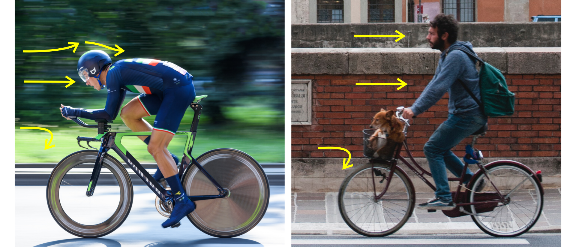 Ilustracja przedstawia dwa zdjęcia. Na lewym zdjęciu widać kolarza na rowerze. Na drugim zdjęciu widać osobę na rowerze. Kolarz wyścigowy przyjmuje bardziej opływową pozycję, za to mniej wygodną, niż osoba rekreacyjnie jeżdżąca na rowerze. Na lewym obrazku kolarz, głęboko pochylony nad kierownicą. Na prawym obrazku mężczyzna jadący na rowerze w pozycji wyprostowanej, z plecakiem na plecach i psem w koszyku przy kierownicy.