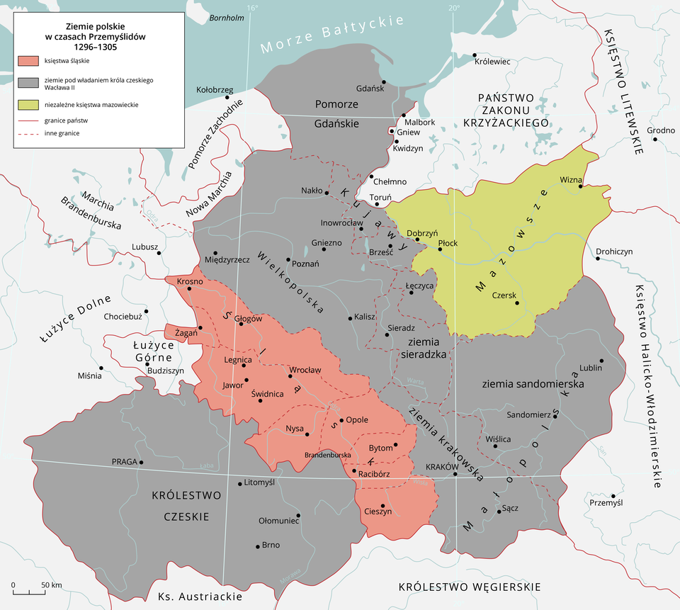 Mapa przedstawia ziemie polskie w czasach Przemyślidów 1296 – 1305. Na mapie zaznaczono Księstwa Śląskie Z miastami krosno, Żagań, Głogów, Legnica, Jawor, Świdnica, Nysa, Wrocław, opole, Bytom, Racibórz, Cieszyn. Dalej na mapie zaznaczono ziemię pod władaniem króla czeskiego Wacława Drugiego.  Obejmowały one Pomorze Gdańskie, Kujawy, Wielkopolskę i Małopolskę, ziemię sieradzką, ziemię sandomierską, ziemię krakowską. Królestwo Czeskie ma na mapie wyróżnione miasta Praga, Litomyśl, Ołomuniec, Brno. Na mapie zaznaczono również ziemię niezależne Księstwa Mazowieckiego. Obejmowały one Mazowsze, z miastami Dobrzyń, Płock, Czersk, Wizna.  