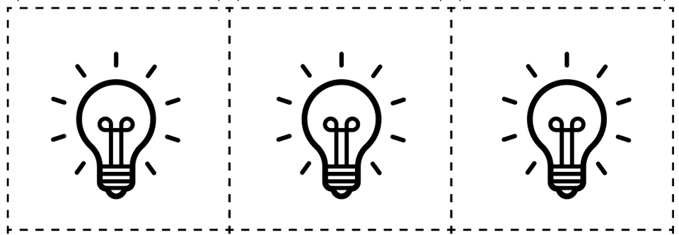 Na obrazku znajdują się trzy identyczne czarno‑białe ikony żarówek ustawione obok siebie w trzech oddzielnych polach otoczonych przerywaną linią. Każda żarówka ma klasyczny kształt i otoczona jest krótkimi kreskami symbolizującymi światło lub pomysł.