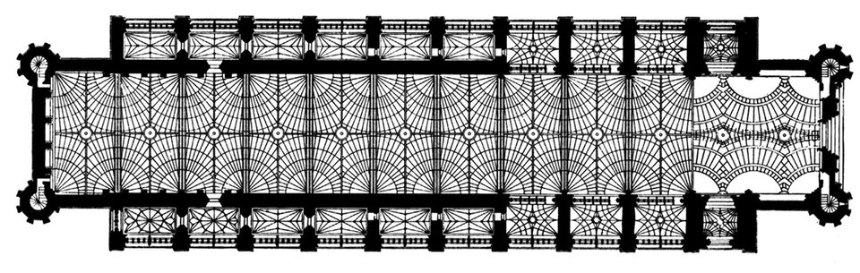 Ilustracja przedstawia plan kaplicy w Królewskim Kolegium, Cambridge. Dzieło powstało na przełomie XV/XVI wieku. Plan katedry jest w kształcie rozbudowanego prostokąta. Na planie widocznyjest podział gzymsamidwóch kondygnacji budowli. Wszystkie elementy planu zostały bardzo dokładnie zaznaczone. Wschodnia oraz zachodnia stron kaplicy są znacznie węższe oraz jej środkowej części.