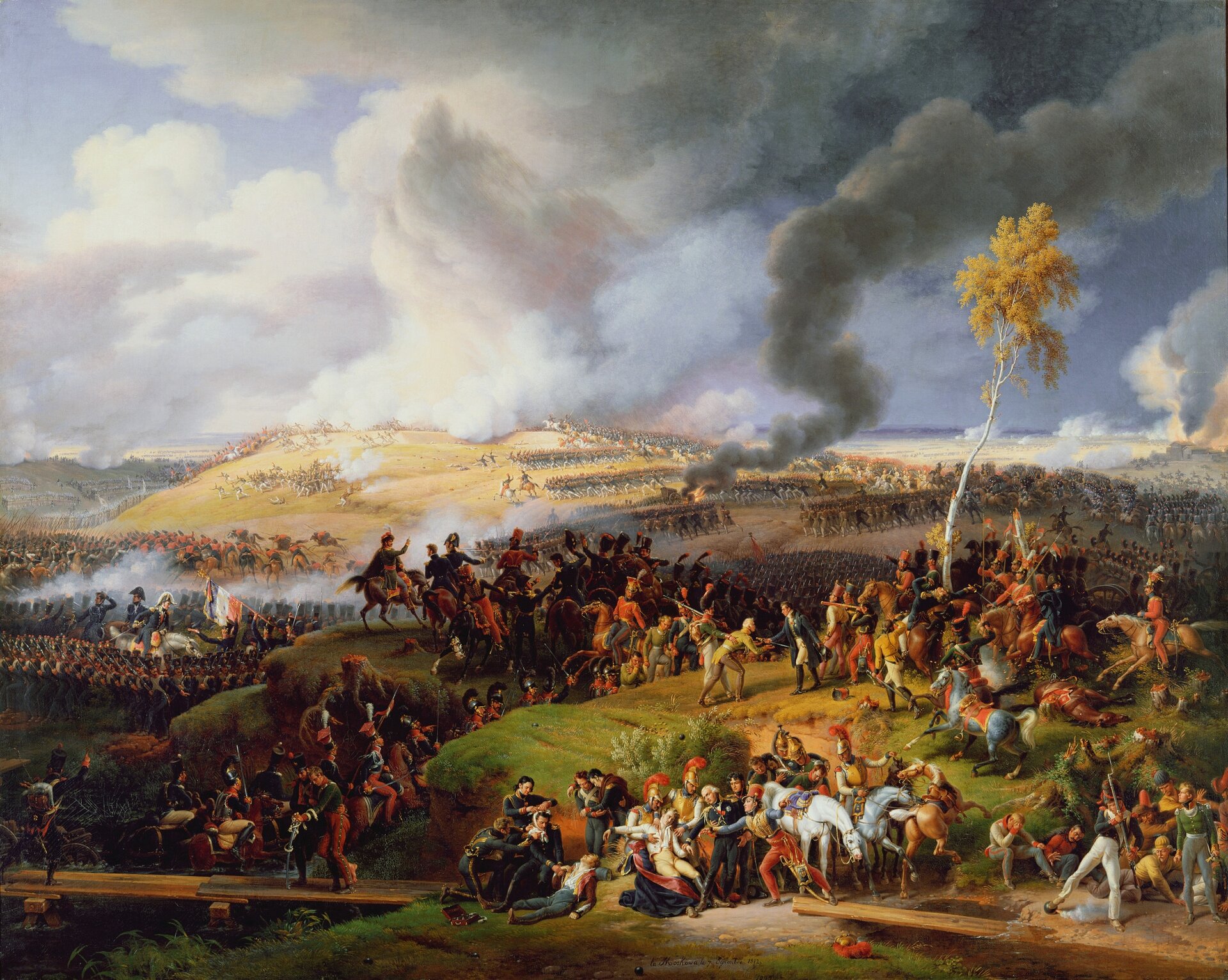 Obraz przedstawia scenę batalistyczną. Na rozległych pagórkach widać ścierające się wojska francuskie i rosyjskie. Widać żołnierzy piechoty i kawalerię. Nad polem bitwy unoszą się dymy od wystrzałów,