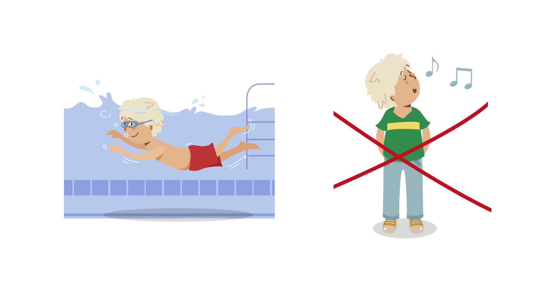 Ilustracja po lewej stronie przedstawia pływającego w basenie chłopca. Po prawej stronie stoi śpiewający chłopiec, który jest przekreślony czerwonym krzyżykiem.