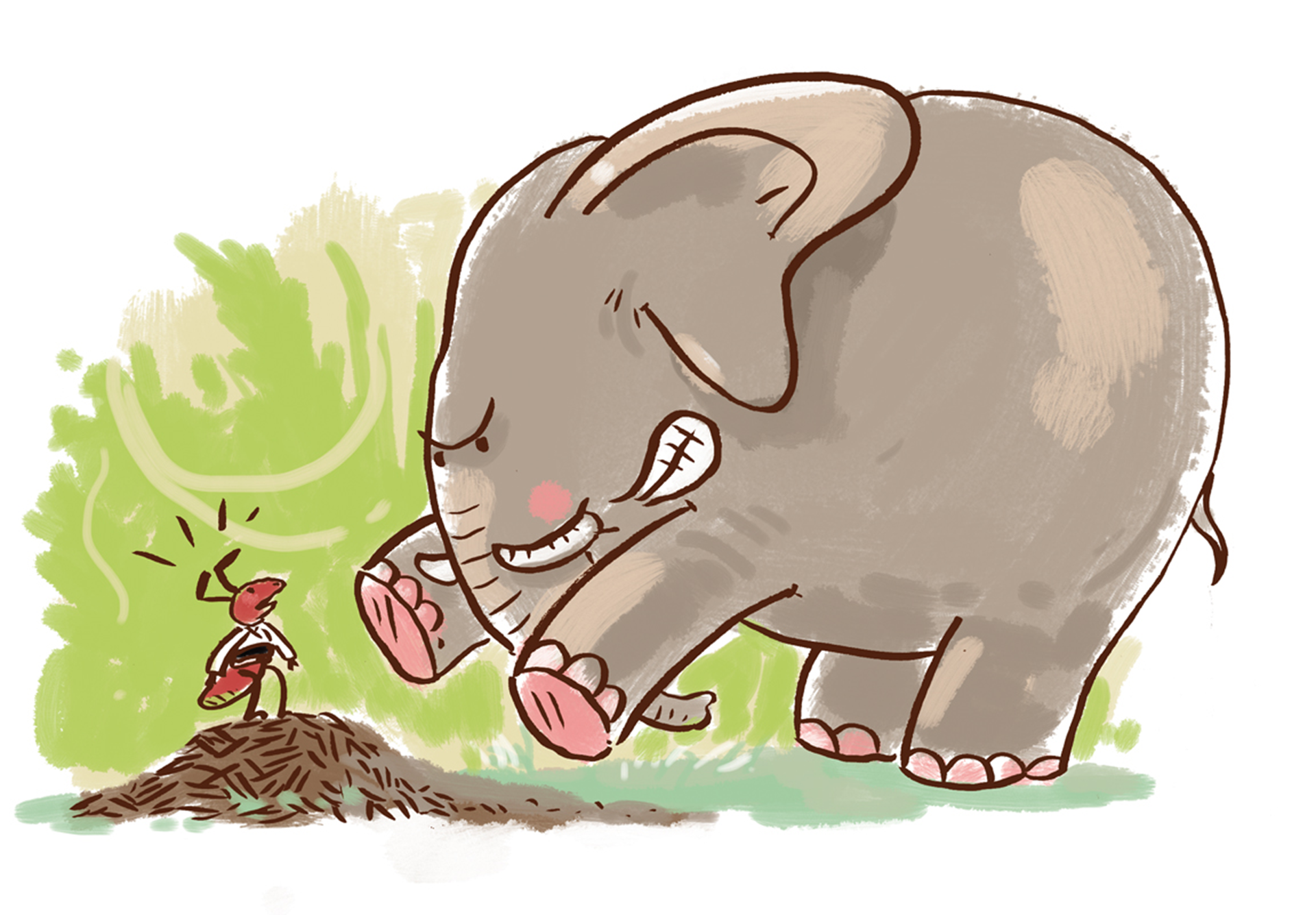 Kolorowa ilustracja przedstawia słonia atakującego ze złością mrówkę stojącą na małym wzniesieniu podobnym do kopca kreta. Mrówka patrzy na słonia, który uniósł przednie nogi, jakby chciał ją zaatakować. Ma groźnie zmarszczone brwi. Tło jest zielono‑szare.