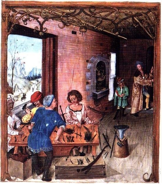 Obraz przedstawia warsztat, w którym przy stole pracują czterej rzemieślnicy. Na stole i przy nim widoczne są metalowe elementy i miecze. W pobliżu stołu widoczne jest kowadło. Do warsztatu wchodzi szlachcic z nastoletnim synem.