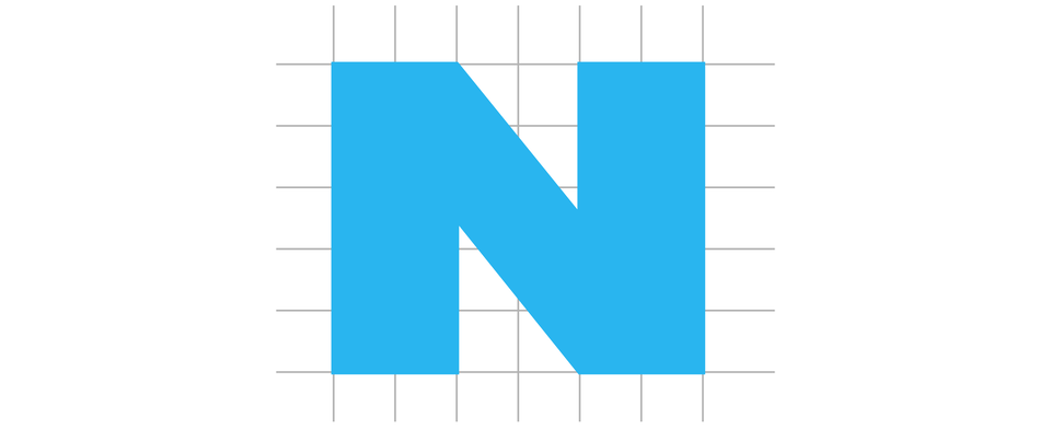Ilustracja przedstawia literę N zbudowaną z kwadratów i osadzoną na tle w kratkę. Pionowa lewa kreska litery ma wymiary dwa w poziomie na pięć w pionie, tak samo prawa pionowa kreska. Cała litera ma łącznie wymiary 6 w poziomie na 5 w pionie.