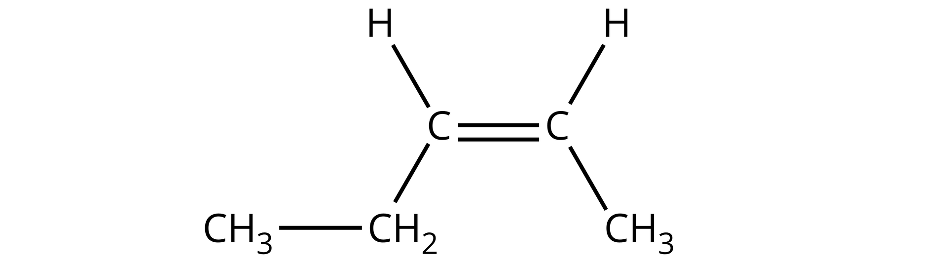 Ilustracja przedstawiająca cząsteczkę alkenu zbudowaną z grupy metylowej CH3 związanej z grupą CH połączoną za pomocą wiązania podwójnego z kolejną grupą CH związaną z grupą CH2, która to łączy się z grupą metylową CH3. Atomy wodoru znajdują się po tej samej stronie wiązania podwójnego.