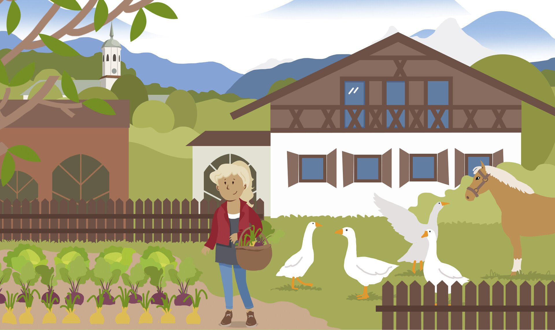 Na ilustracji ukazane są zabudowania wiejskie, z wysoką wieżą znajdującą się na drugim planie. W centralnym punkcie znajduje się dziewczynka, trzymająca w ręku koszyk. Stoi obok starannie ułożonych grządek pełnych warzyw. W pobliżu niej można dostrzec kilka zwierząt gospodarskich, gęsi i konia. Nagranie dźwiękowe dostępne poniżej.