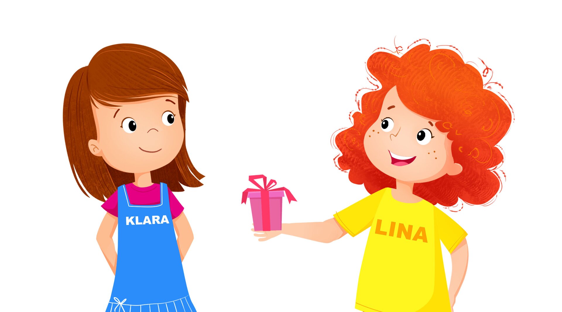 Na ilustracji znajduje się dziewczynka dająca koleżance prezent.