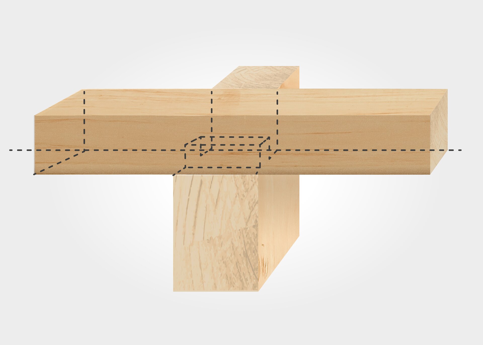 Grafika ilustruje złącze na czop nakładkowy. Linią przerywaną zaznaczono miejsce łączenia dwóch elementów. W jednym zostało zrobione wycięcie oraz czop, a w drugim gniazdo. Elementy te są względem siebie prostopadłe i znajdują się w jednej pionowej płaszczyźnie.