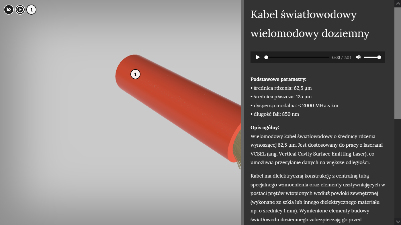 Ilustracja przedstawia wizualizację kabla. Z lewej strony znajduje się wysunięty panel ze szczegółowymi informacjami. Powyżej widoczny jest pasek odtwarza z treścią tożsamą.