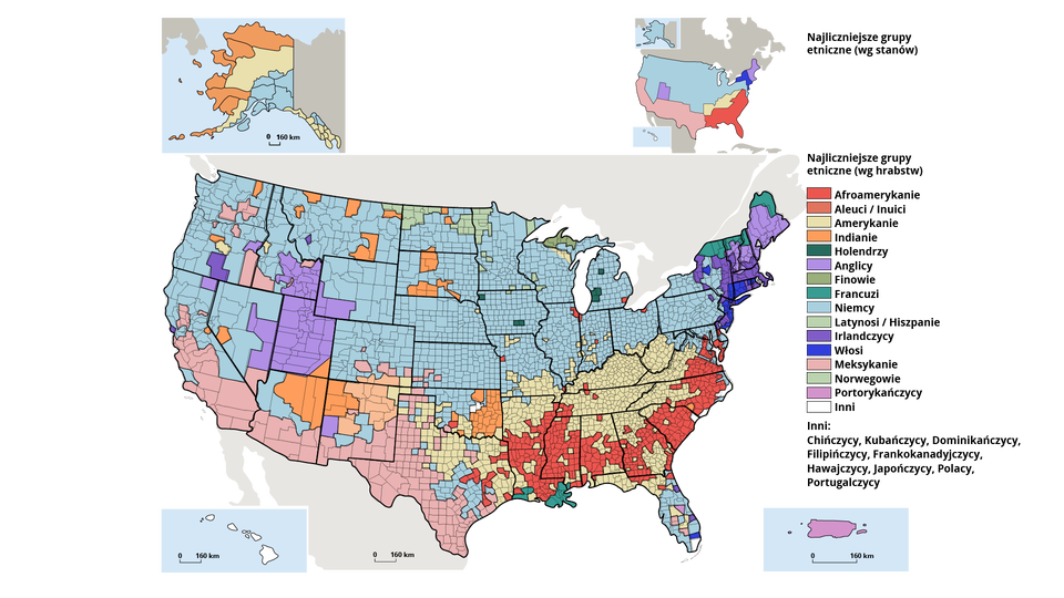 Ilustracja przedstawia mapę Stanów Zjednoczonych, na której zaznaczono kolorami najliczniejsze grupy etniczne. Z mapy można odczytać, iż większość północnych stanów USA zajmują Niemcy. W Utah i części sąsiednich stanów to Anglicy. W stanie Nowy Jork i stanach na północ od niego są to Irlandczycy. Południowo‑zachodnie stany zajmują głównie Meksykanie. W stanie Delaware Włosi. Południowo‑zachodnie stany zajmują głównie Amerykanie i Afroamerykanie. Alaskę zajmują Indianie, Amerykanie i Niemcy. Portoryko - Portorykańczycy. Na mapie można też zauważyć pomniejsze obszary, na których pojawiają się w większym rozproszeniu Aleuci, Inuici, Holendrzy, Finowie, Norwegowie, Francuzi, Latynosi, Hiszpanie, Irlandczycy i inni.    