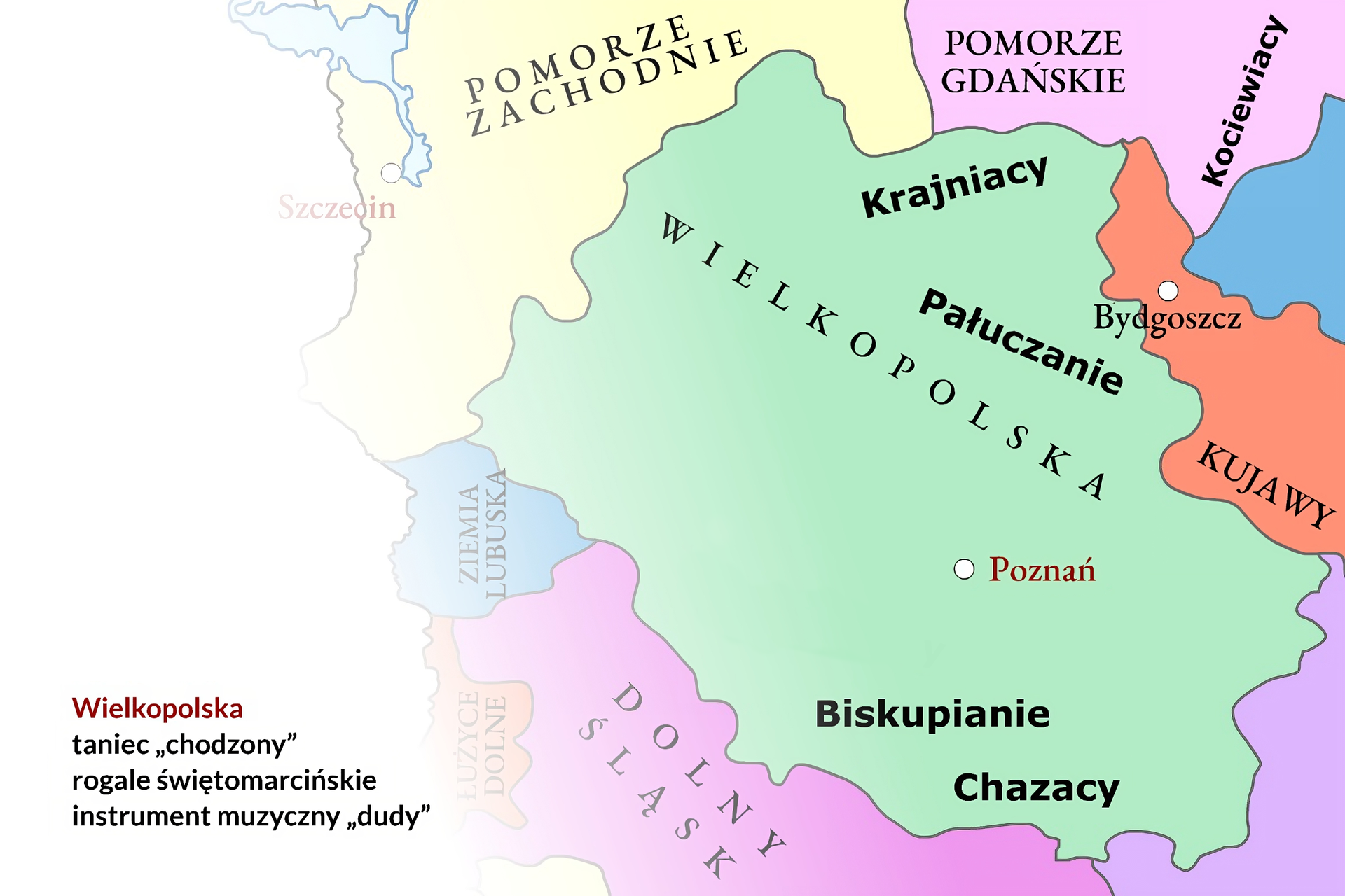 Kliknij, aby powiększyć Ilustracja prezentuje fragment terytorium Polski z zaznaczeniem Wielkopolski. Grupy kulturowe: Krajniacy, Pałuszanie, Bambrzy, Biskupianie, Chazacy. Miasto: Poznań. Napisy na planszy w lewym dolnym rogu przedstawiają elementy kultury regionu: nagłówek: Wielkopolska, elementy kultury: taniec "chodzony", rogale świętomarcińskie, instrument muzyczny "dudy".