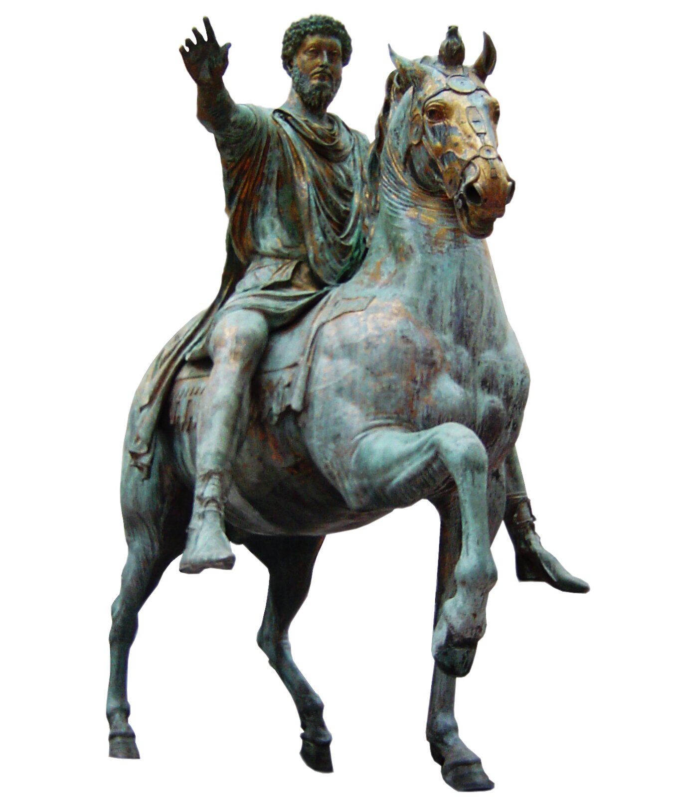 Rzeźba przedstawiająca brodatego mężczyznę siedzącego na koniu. Mężczyzna ma wyciągniętą przed siebie prawą rękę. Posąg jest z metalu pokrytego zieloną patyną, w niektórych miejscach widać jednak złoty kolor metalu.