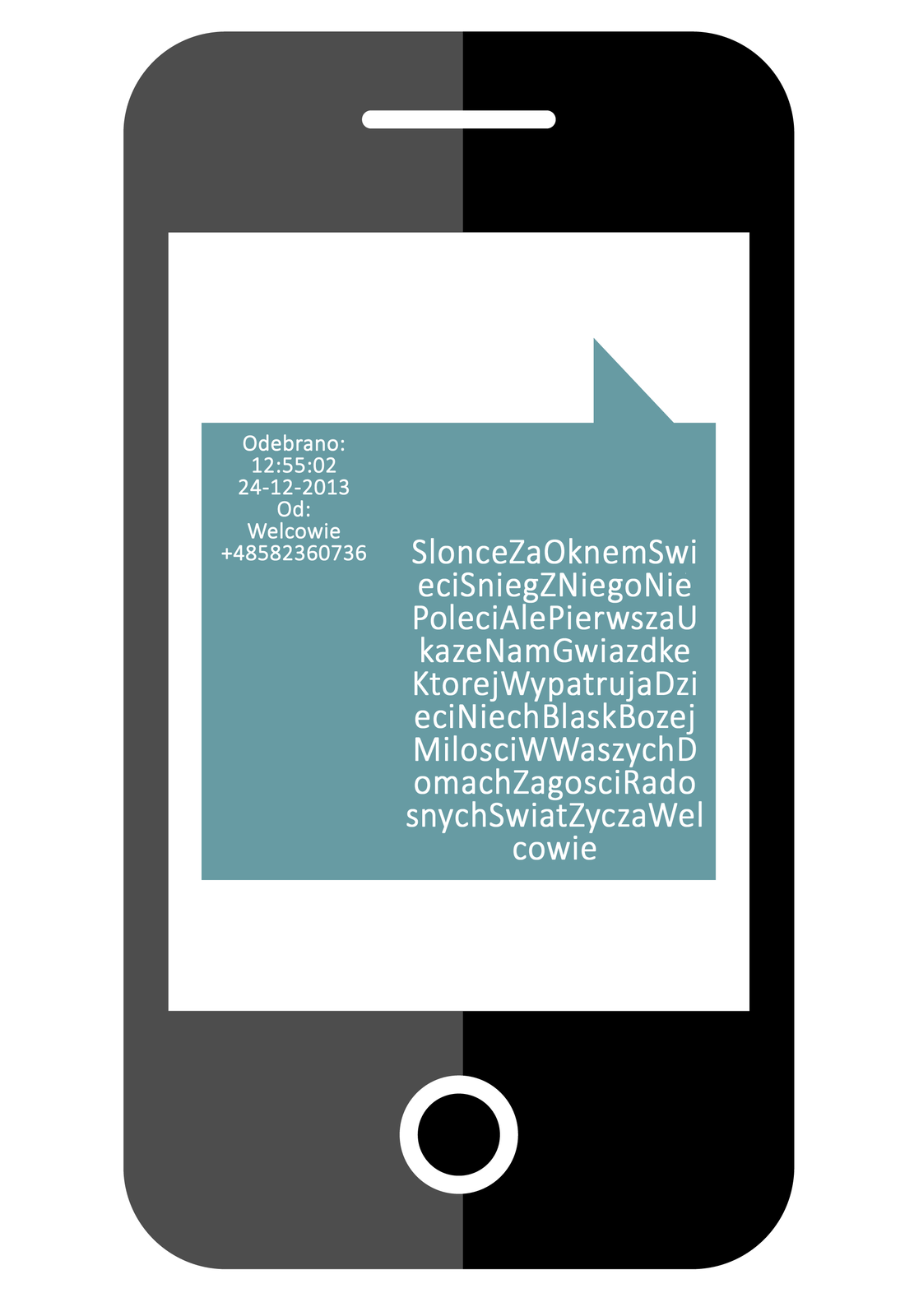 Ilustracja przedstawia czarny telefon komórkowy. Na jego białym ekranie wyświetla się niebieski dymek z datą odebrania, nazwiskiem i numerem nadawcy oraz z życzeniami świątecznymi. Tekst życzeń zapisany jest bez polskich znaków diakrytycznych, bez spacji, zastępują je wielkie litery na początku każdego wyrazu. Tekst wiadomości: SlonceZaOknemSwieciSniegZNiegoNiePoleciAlePierwszaUkazeNamGwiazdkeKtorejWypatrujaDzieciNiechBlaskBozejMilosciWWaszychDomachZagosciRadosnychSwiatZyczaWelcowie.