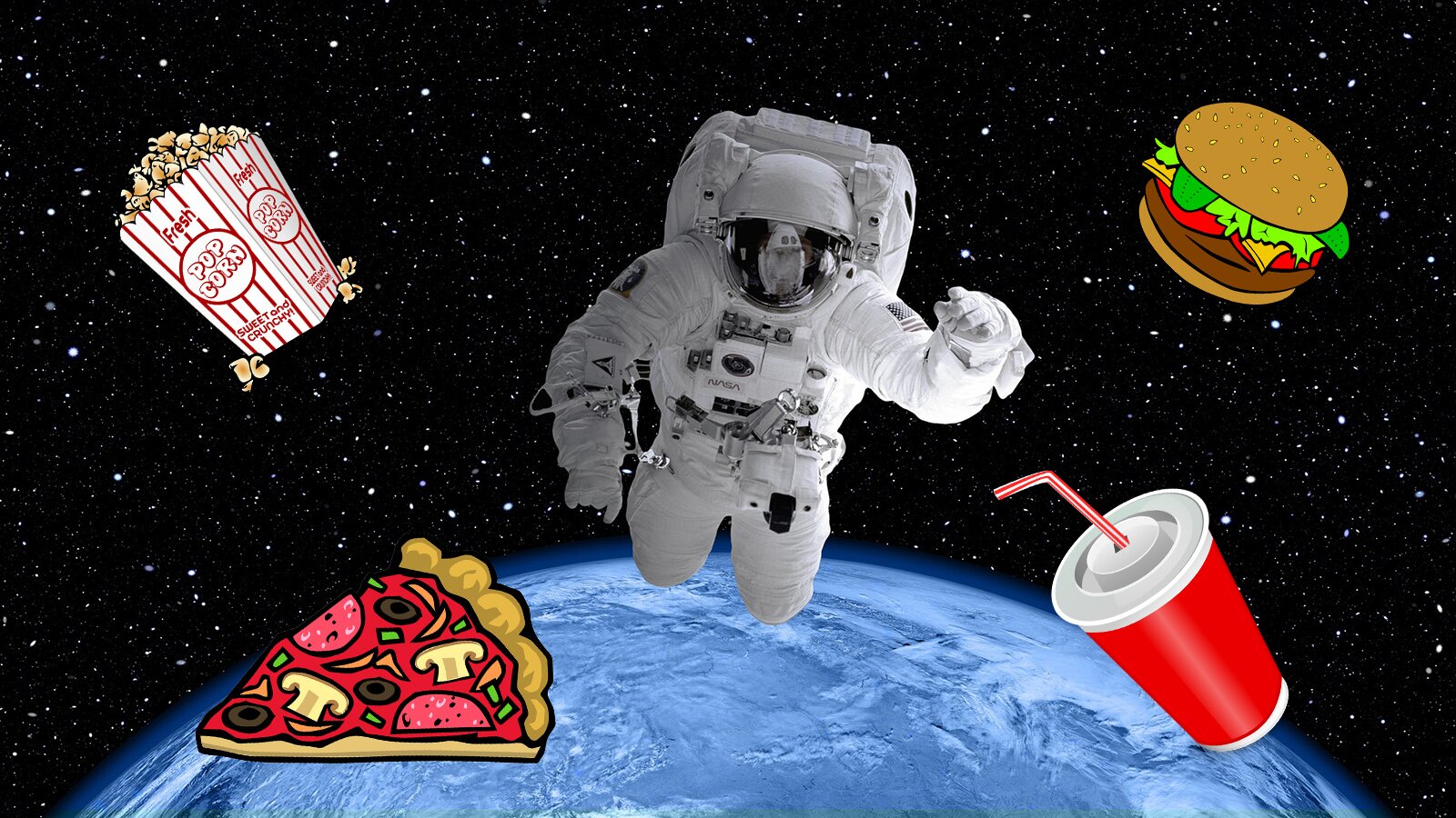 Grafika przedstawia astronautę, ubranego w biały kombinezon, widocznego w kosmosie, nad niebieską planetą, na tle ciemnego nieba z gwiazdami. Po lewej stronie postaci widoczne są: u góry – papierowe pudełko z popcornem, a u dołu – kawałek pizzy. Po prawej stronie widoczne są: u góry – hamburger, a u dołu – jednorazowy czerwony kubek z pokrywką i słomką.