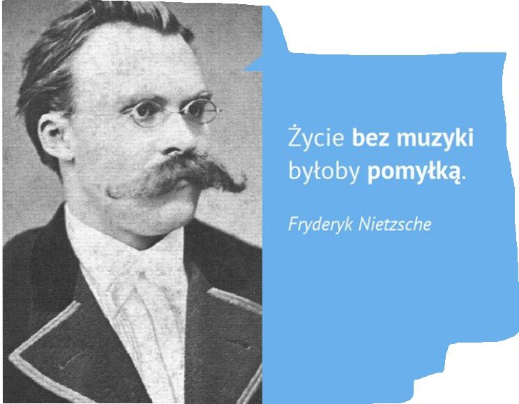 Portret Fryderyka Nietzschego czarno‑biały ukazany jest z profilu, zwrócony w prawo. Postać ma gęste, szerokie wąsy, małe okrągłe okulary. Włosy zaczesane do tyłu, nieco falujące, twarz smukła. Obok wizerunku widnieje cytat na niebieski tle:  "Życie bez muzyki byłoby pomyłką".
