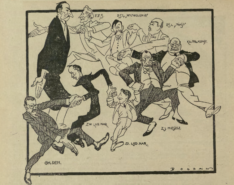 Obrazek przedstawia karykatury ludzi. Ubrani są w garnitury. Mężczyźni trzymają się za ręce, tworzą półkole. Tańczą. Każda osoba jest opisana. Pierwszy pan GH.DEM. Drugi ZW. LUD.NAR. Trzeci Zj. LUD.NAR. Czwarty ZJ MIESZCZ. Piąty KW. PR. KONST. Piąty PSL, PIAST. Szósty PSL, WYZWOLENIE. Siódmy P.P.S. Ostatni mężczyzna jest niepodpisany. 