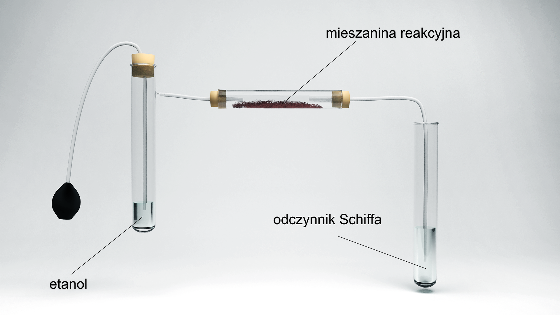Na ilustracji są dwie probówki. W probówce po lewej stronie jest w korku, którym jest zamknięta, znajduje się rurka z pompką na końcu. W probówce jest etanol. W probówce po prawej stronie jest odczynnika Schiffa. Od tej probówki poprowadzona jest rurka do ustawionej poziomo probówki zatkanej z dwóch stron korkami. Jest w niej mieszanina reakcyjna. Probówka ta jest przymocowana do ścianki probówki z etanolem.