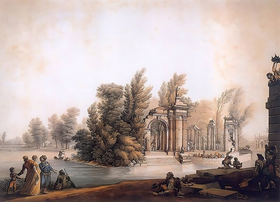 Obraz przedstawia amfiteatr wśród bujnej, parkowej roślinności. W oddali po prawej stronie obrazu Pałac na Wodzie w Łazienkach w Warszawie. Teatr składa się z dwóch części, widowni (po prawej) i sceny (po lewej), przedzielonych wypełnionym wodą kanałem. Scena, położona na sztucznej wyspie, otoczona jest sztucznymi ruinami, wzorowanymi na architekturze rzymskiej. Między sceną a kanałem znajduje się miejsce dla orkiestry. Artysta zobrazował scenę prób orkiestry i aktorów przed przedstawieniem. Towarzyszy im praca robotników przy wznoszeniu parkowych instalacji oraz spacer rodziny w strojach z epoki wzdłuż kanału. 