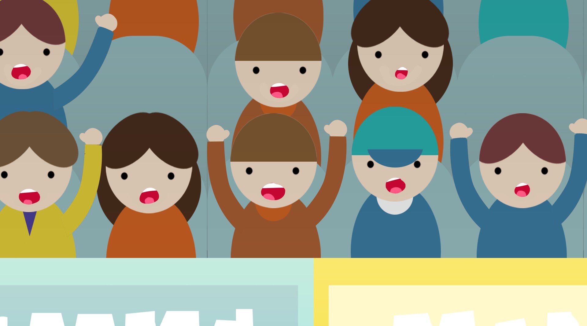 Na ilustracji znajdują się krzyczące osoby.