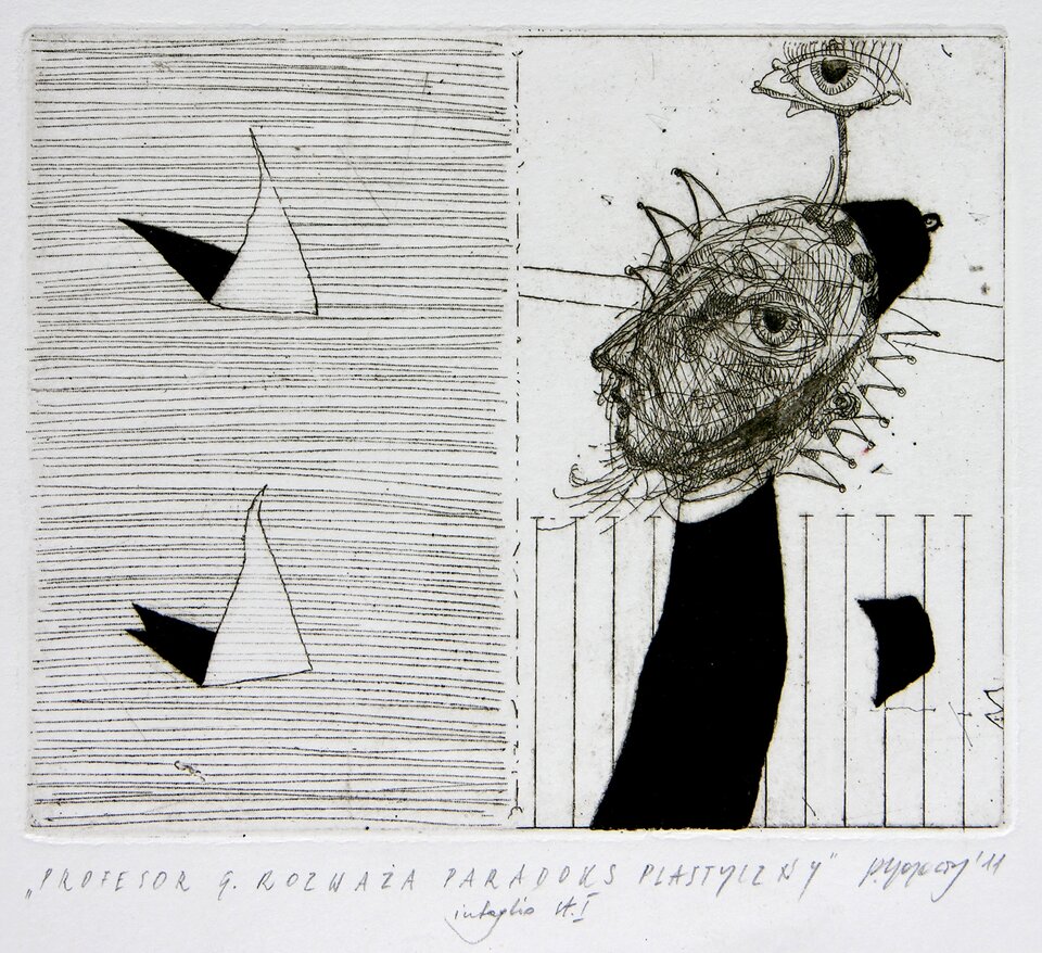 Ilustracja przedstawia obraz Piotra Gojowego „Ex libris Profesor G. rozważa paradoks plastyczny”. Ukazuje grafikę podzieloną na połowę. Po prawej stronie znajduje się postać w czarnym stroju z abstrakcyjną fryzurą i czepkiem na głowie oraz zamontowanym do głowy okiem z długimi rzęsami. Lewa strona to dwa białe trójkąty z czarnymi cieniami na tle w poziome paski.