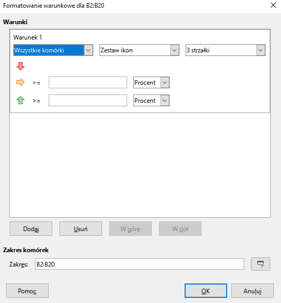Ilustracja przedstawia okno dialogowe dotyczące Formatowania warunkowego dla B2:B20. Warunki. Warunek 1 - z listy rozwijanej wybrano Wszystkie komórki, z kolejnej Zestaw ikon oraz 3 strzałki. Zastosowano przycisk OK. 