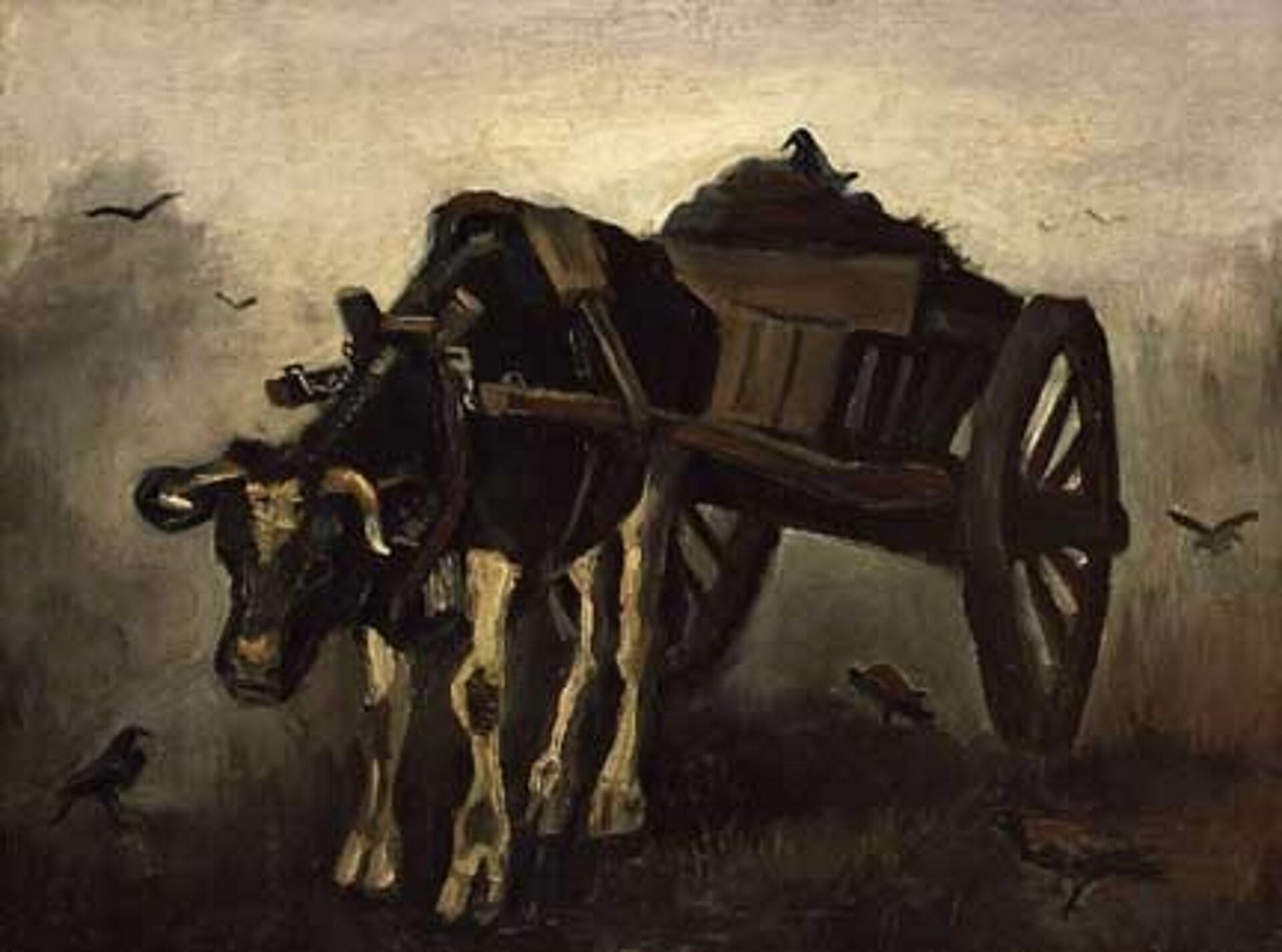 Ilustracja przedstawia obraz „Samuel Goldenberg” autorstwa Wiktora Hartmanna. Wół ciągnie wóz Ma spuszczoną głowę, ze zmęczenia. Wokół niego latają czarne ptaki. Obraz jest smutny w barwach biało-czarnych.