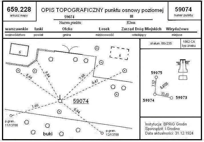 Grafika przedstawia opis topograficzny punktu osnowy poziomej. Zawiera on: numer arkusza mapy, nazwę punktu, numer klasy i punktu,  szkic lokalizacyjny, dane dotyczące stabilizacji oraz pomiaru osnowy, informacje o tym, kto i kiedy sporządził opis.
