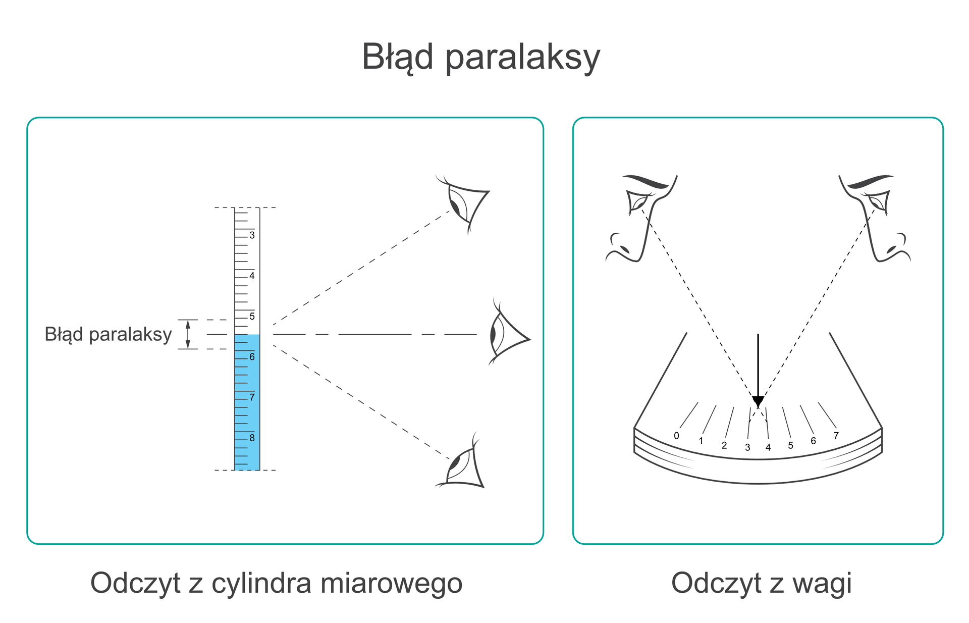 Dwa umieszczone obok siebie rysunki prezentujące zasadę błędu paralaksy. Na pierwszym, podpisanym: Odczyt z cylindra miarowego, narysowana jest menzurka z płynem oraz linie wzroku osób patrzących na podziałkę z góry, prosto i z dołu. Na skutek optycznego przesunięcia podziałki względem powierzchni płynu osoba obserwująca skalę z góry obserwuje odczyt mniejszy, a obserwująca z góry – większy od rzeczywistego. Zakres pomiędzy tymi dwiema błędnymi wartościami oznaczony jest na rysunku jako błąd paralaksy. Na drugim rysunku podpisanym: Odczyt z wagi, znajduje się skala wagi ze strzałką wskazującą połowę odległości pomiędzy liczbami 3 i 4 oraz profile twarzy dwóch obserwatorów – jednego z lewej i jednego z prawej strony. Zaznaczona linia wzroku obserwatora z lewej sugeruje, że odczytuje on na wadze wartość 4, a linia wzroku obserwatora z prawej wskazuje na wartość 3.