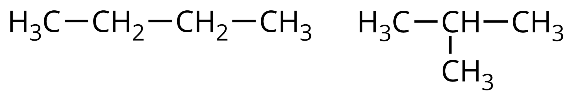 Ilustracja przedstawiająca dwa wzory półstrukturalne izomerów o wzorze sumarycznym C4H9. Pierwsza cząsteczka to n‑butan, który to zbudowany jest z czterech kolejno połączonych ze sobą atomów węgla, z których pierwszy i ostatni połączone są każdy z trzema atomami wodoru, zaś atomy C 2 i C 3 są podstawione dwoma atomami wodoru każdy. Innymi słowy grupa CH3 połączona jest z grupą CH2, która to łączy się z kolejną grupą CH2 połączoną z grupą CH3. Druga struktura to 2-metylopropan, który zbudowany jest z grupy CH3 połączonej z grupą CH, która to związana jest z dwiema grupami metylowymi CH3.
