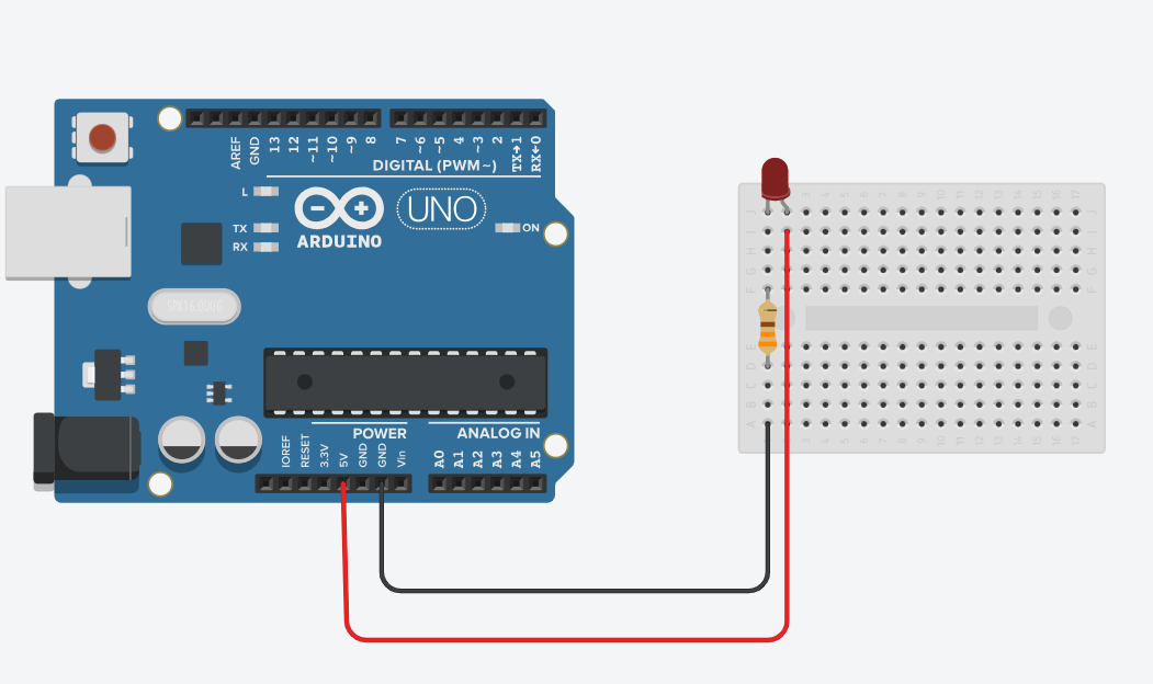 Schematyczne przedstawienie płytki  Arduino podłączonej dwoma kolorowymi przewodami do diody umieszczonej na białej płytce stykowej znajdującej się po prawej stronie. Płytka  Arduino jest niebieska i ma liczne, drobne elementy. Największym elementem jest prostokątny komponent w dolnym prawym rogu płytki (mikrokontroler). Na dolnej krawędzi płytki jest rząd czarnych otworów (inaczej nazywanych gniazdem kołkowym), do których można podłączyć przewody. Nad nim napis: POWER. Z piątego otworu od lewej z napisem 5V wychodzi czerwony przewód i prowadzi do białej płytki stykowej, do jej górnej lewej krawędzi, do otworu drugiego od góry. Nad nim umiejscowiono jedną nóżkę diody włożoną w otwór. Dioda jest czerwona, jej krótsza nóżka jest w pierwszym, skrajnym lewym otworze białej płytki. Cztery otwory pod nim umiejscowiono pomarańczowy element – rezystor. Dwa otwory poniżej, z ostatniego otworu na płytce stykowej wychodzi czarny cienki przewód. Prowadzi on do płytki Arduino, do gniazda kołkowego, do siódmego otworu z podpisem: GDN.