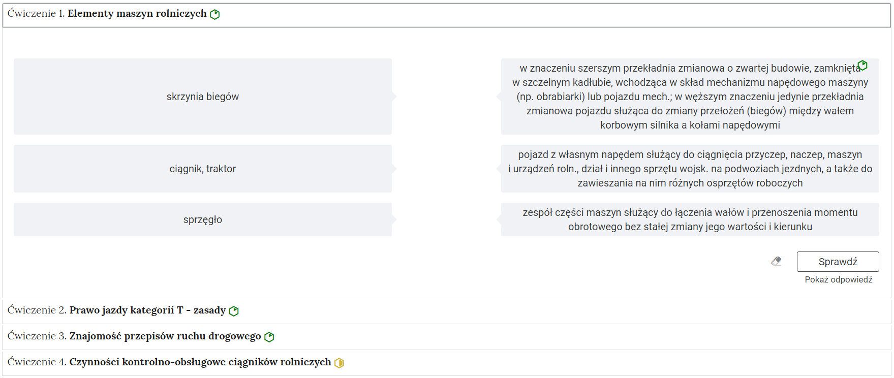 Grafika przedstawia przykładowe ćwiczenie w harmonii. Widoczne są cztery ćwiczenia uzupełnione o tytuł i poziom trudności. Zostało wybrane ćwiczenie pierwsze. Poniżej znajduje się treść zadania. 