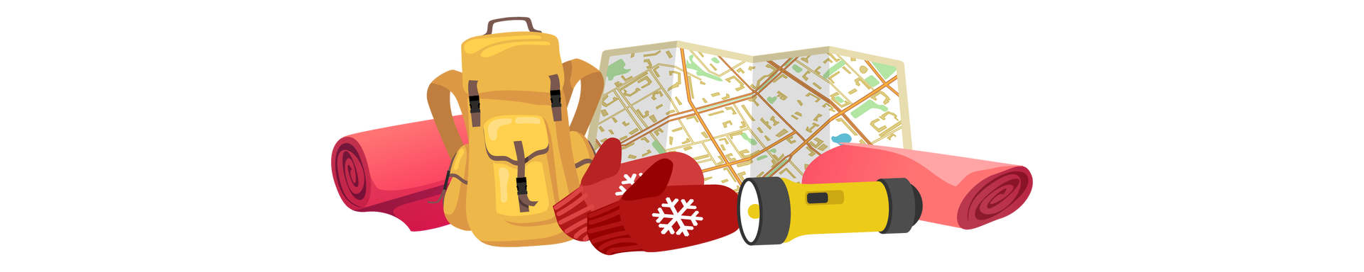 Ilustracja przedstawia przedmioty związane z górskimi wycieczkami. Po lewej stronie leży zwinięty w rulon czerwony śpiwór, dalej jest żółty plecak turystyczny. Obok leżą ciemnoczerwone rękawiczki z symbolem białej śnieżynki. Przy rękawiczkach jest żółto‑czarna latarka oraz zwinięta w rulon czerwona karimata, czyli płaski turystyczny materac. Za tymi przedmiotami widać rozłożoną mapę.
