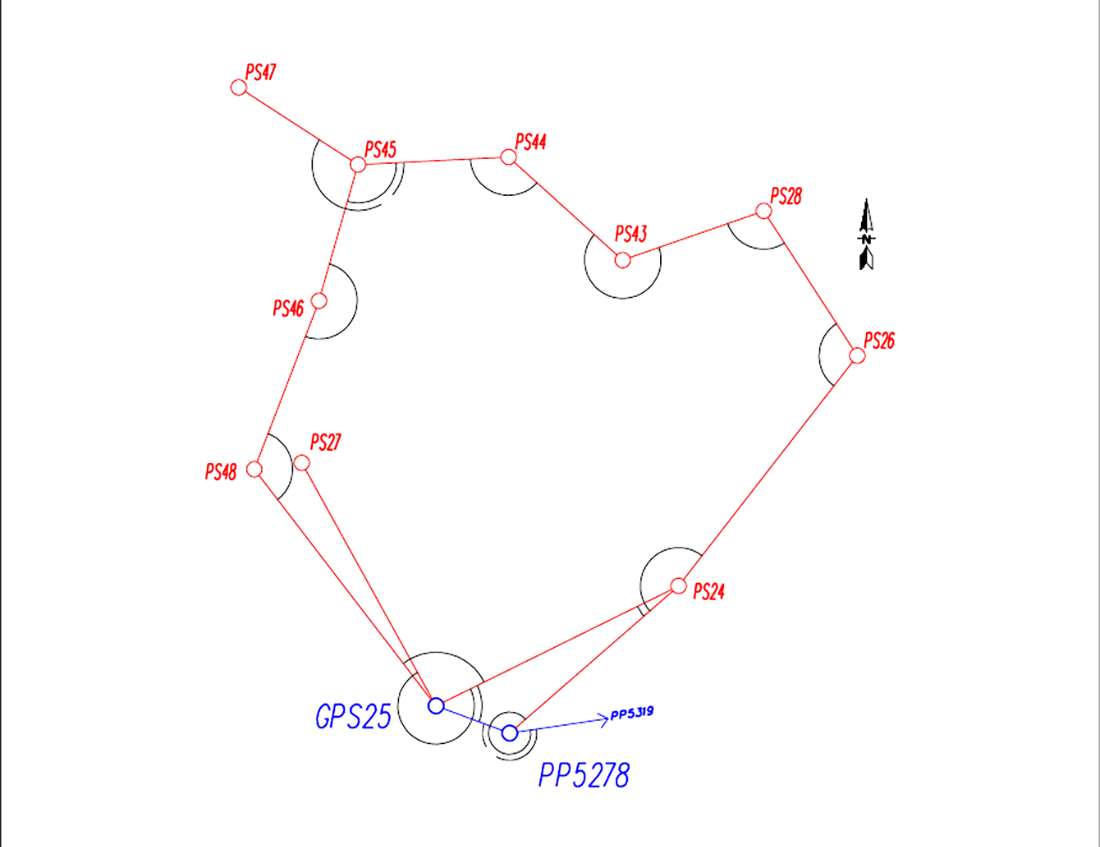 Grafika przedstawia szkic osnowy pomiarowej. Widoczne są na nim oznaczenia punktów osnowy pomiarowej i szczegółów terenowych.