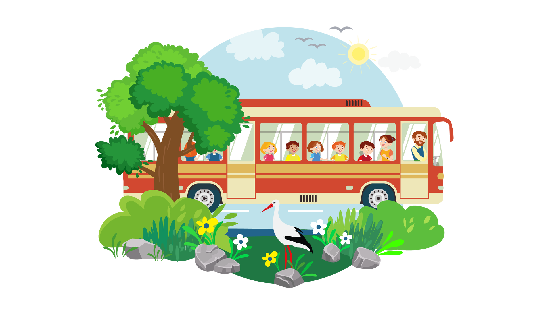 Ilustracja przedstawia asfaltową drogę. W tle widać błękitne niebo ze słońcem i jasnymi chmurami oraz ptaki w locie. Na pierwszym planie znajduje się pas zieleni z trawą, krzewami, dużym drzewem liściastym, białymi i żółtymi kwiatami i kilkoma szarymi kamieniami. Na środku pasa zieleni stoi biało‑czarny bocian z czerwonym dziobem i czerwonymi nogami. Asfaltową drogą jedzie beżowo‑pomarańczowy autobus. Kieruje się z lewej strony na prawo. Prowadzi go mężczyzna o krótkich brązowych włosach, wąsach i krótkiej brodzie. Jest ubrany w jasnożółtą koszulę z długimi rękawami i kołnierzykiem oraz ciemnoniebieską kamizelkę. Za kierowcą znajduje się nauczycielka. Ma brązowe włosy upięte w kok z tyłu głowy. Jest ubrana w pomarańczową bluzkę z krótkimi rękawami, a na nadgarstku ma zegarek. Stoi tyłem do kierunku jazdy i patrzy na dzieci. Najbliżej nauczycielki siedzi chłopiec o brązowych włosach, ubrany w ciemnoczerwoną koszulkę z krótkimi rękawami. Dalej jest Franek, a za nim Maja. Za Mają siedzi chłopiec o krótkich ciemnobrązowych włosach, ubrany w żółtą koszulkę z długimi rękawami. Dalej widać dziewczynkę o rozpuszczonych blond włosach, ubraną w ciemnoróżową koszulkę z krótkimi rękawami. Za blondwłosą dziewczynką są środkowe drzwi autobusu, a dalej siedzą jeszcze chłopiec i dziewczynka w granatowych koszulkach z krótkimi rękawami. Dziewczynka ma rozpuszczone rude włosy, sięgające jej do ramion. Dwoje ostatnich dzieci nie jest dobrze widocznych, ponieważ zasłania je stojące przy drodze drzewo.