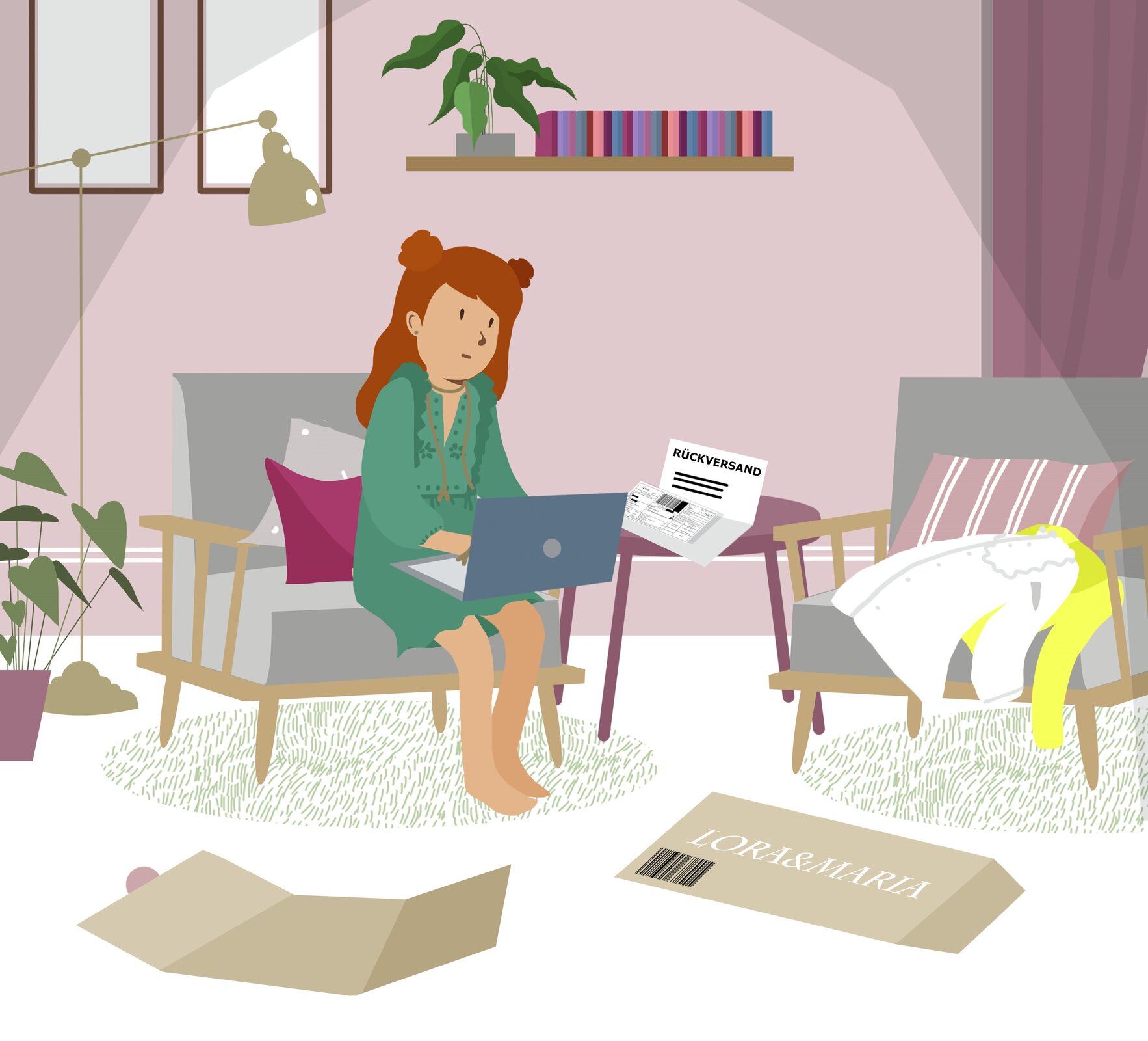 Ilustracja przedstawia dziewczynę siedzącą na kanapie w pokoju. Dziewczyna trzyma na kolanach laptop. Dookoła niej poniewierają się rozrzucone ubrania, otwarte paczki i druk zatytułowany Rückversand.