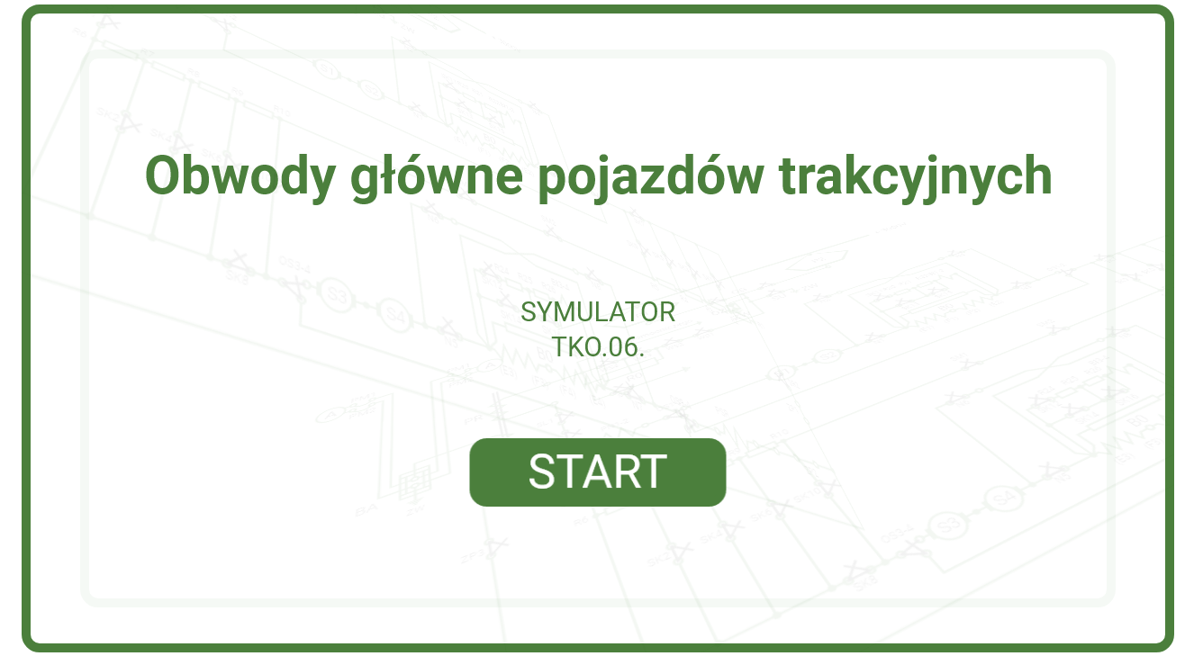 Zrzut ekranu przedstawia ekran startowy symulatora. Na ekranie widoczna jest nazwa symulatora, kod materiału oraz przycisk START.