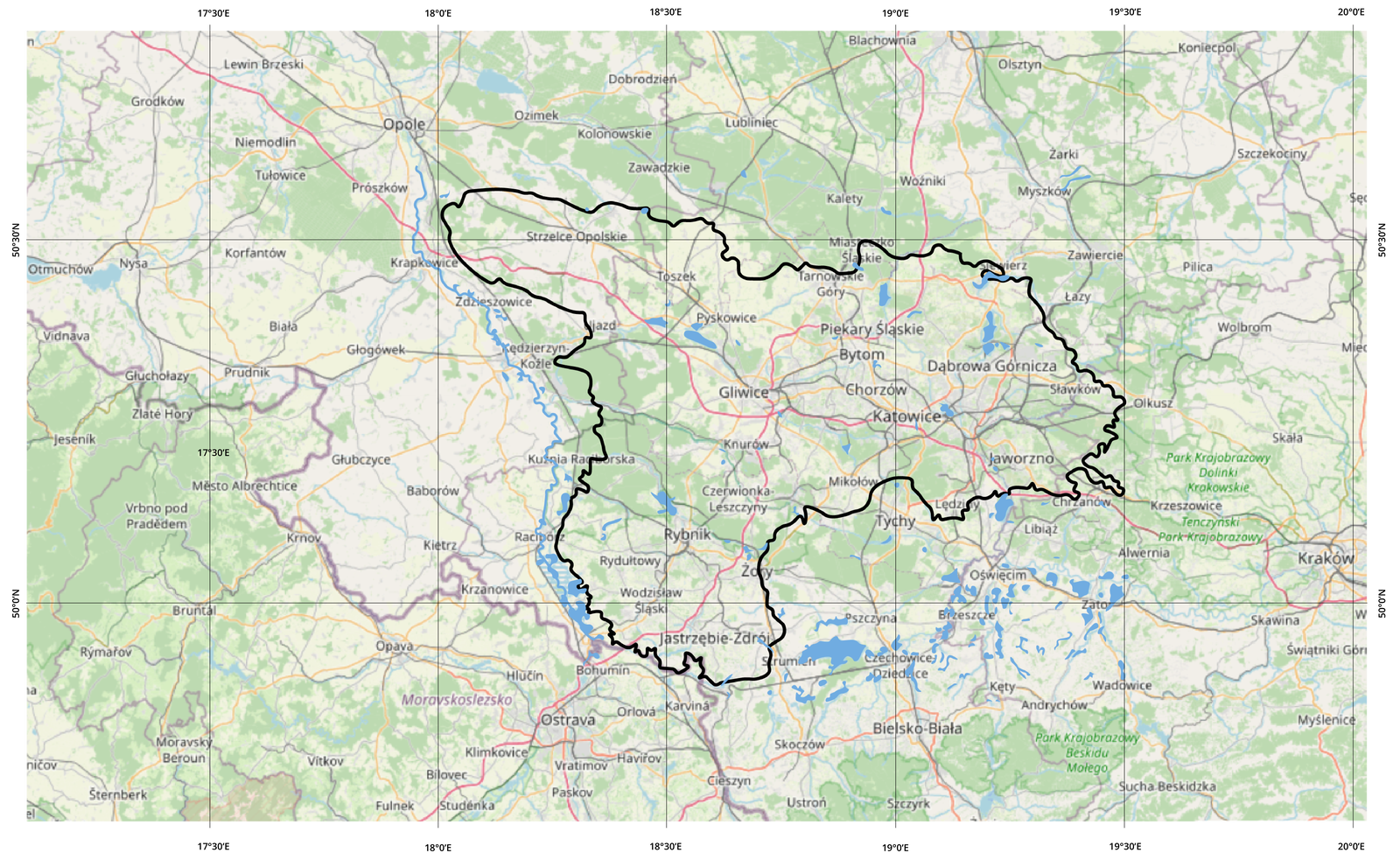 Mapa obejmująca obszar Wyżyny Śląskiej, która została oznaczona czarnym konturem. Zbiorniki wodne oznaczono niebieskim kolorem. Największe znajdują się w okolicach Rybnika, Pyskowic, Tarnowskich Gór, Dąbrowy Górniczej i Katowic. Dookoła siatka południków i równoleżników co trzydzieści minut.