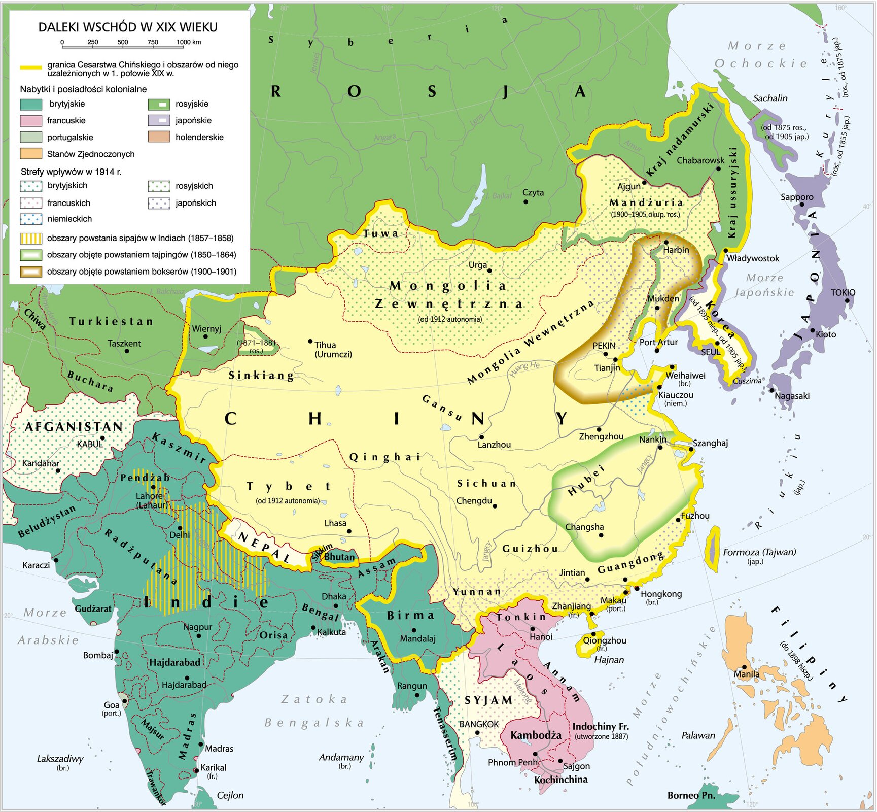 Grafika mapy przedstawiającej daleki wschód w XIX wieku. Oznaczono kraje Dalekiego Wschodu w dziewiętnastym wieku: Chiny, Rosja, Japonia, Filipiny, Laos, Syjam, Birma, Indie, Nepal. Afganistan, Mongolia zewnętrzna.