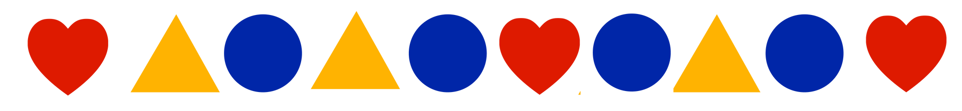 Ilustracja przedstawia ciąg figur w następującej kolejności: serce, trójkąt, kółko, trójkąt, kółko, serce, kółko, trójkąt, kółko, serce. Trójkąt jest żółty, kółko niebieskie, a serce czerwone.