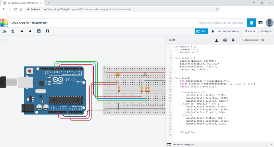 Zrzut ekranu przedstawia okno przeglądarki internetowej z otwartą stroną Tinkercad. Na karcie widoczny jest tytuł „Circuit design Copy of 0931 Ardu”, a w pasku adresu znajduje się adres „tinkercad.com/things/ioqiBQvZqYI‑copy‑of‑0931‑arduino‑dioda‑rgb/editel?tenant=circuits”.
W lewym górnym rogu obszaru roboczego znajduje się logo „TINKERCAD” oraz tytuł projektu „0932 Arduino – fotorezystor”. Obok widoczne są ikony usuwania, cofania, ponawiania, komentarzy i ustawień.
Na środku ekranu znajduje się schemat elektroniczny. Po lewej stronie umieszczono płytkę „Arduino UNO” podłączoną przewodem USB. Do płytki podłączone są przewody w kolorach zielonym, niebieskim, czerwonym, fioletowym, czarnym i brązowym, prowadzące do płytki stykowej po prawej stronie.
Na płytce stykowej znajdują się elementy elektroniczne: fotorezystor w górnej części po lewej stronie, przezroczysta dioda LED z czterema wyprowadzeniami w górnej części po prawej stronie oraz trzy rezystory rozmieszczone w środkowej części płytki. Widoczne są także przewody połączeniowe w kolorach brązowym, fioletowym, czerwonym, niebieskim, zielonym i czarnym.
Po prawej stronie ekranu znajduje się panel z kodem. U góry widoczna jest lista rozwijana z napisem „Tekst” oraz przyciski z ikonami pobierania, drukowania i owada. Obok znajduje się lista z napisem „1 (Arduino Uno R3)”.
W panelu kodu widoczny jest tekst:
int RedPin = 9;
int GreenPin = 11;
int BluePin = 10;
Dalej znajduje się funkcja void setup() zawierająca instrukcje:
pinMode(RedPin, OUTPUT);
pinMode(GreenPin, OUTPUT);
pinMode(BluePin, OUTPUT);
Serial.begin(9600);
Niżej widoczna jest funkcja void loop() z instrukcjami:
int wartoscfoto = analogRead(A0);
float swiatlo = map(wartoscfoto, 0, 1023, 0, 100);
Serial.println(swiatlo);
oraz warunki:
if (swiatlo < 40) {
digitalWrite(RedPin, HIGH);
digitalWrite(GreenPin, HIGH);
digitalWrite(BluePin, HIGH);
} else if (swiatlo < 60) {
digitalWrite(RedPin, HIGH);
digitalWrite(GreenPin, HIGH);
digitalWrite(BluePin, LOW);
} else {
digitalWrite(RedPin, LOW);
digitalWrite(GreenPin, HIGH);
digitalWrite(BluePin, LOW);
}
Na końcu widoczna jest instrukcja delay(500);.
W górnej części panelu po prawej stronie znajdują się przyciski „Kod”, „Uruchom symulację”, „Eksportuj” i „Udostępnij”. Nad nimi widoczny jest napis „Wszystkie zmiany zostały zapisane”. U dołu panelu znajduje się pasek z napisem „Konsola szeregowa”.