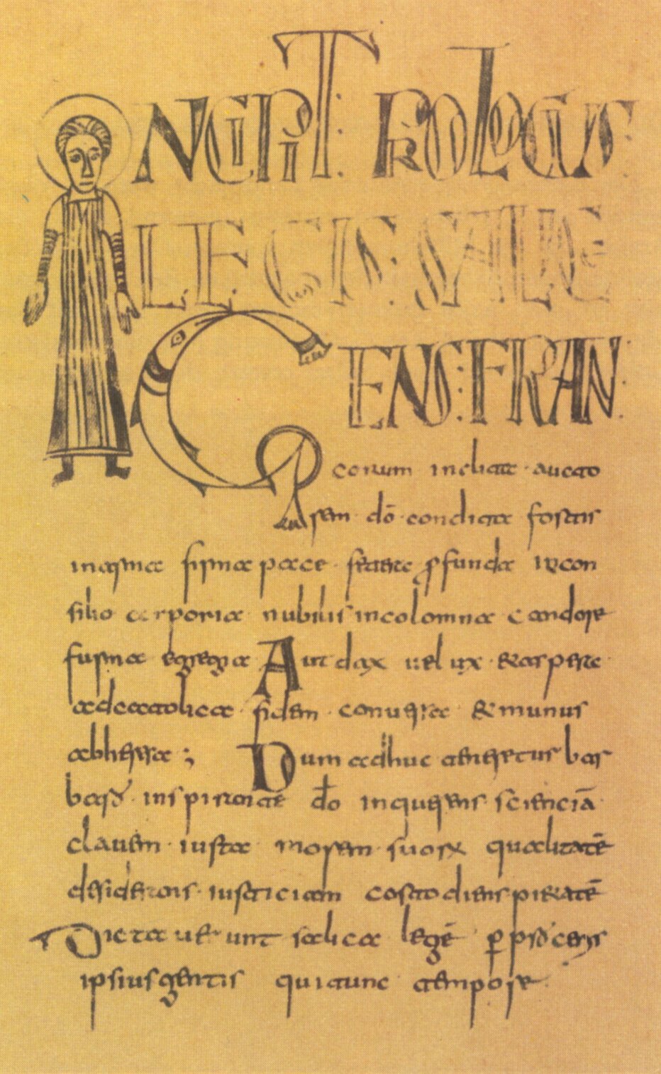 Zdjęcie pożółkłej kartki. W lewym górnym rogu czarny rysunek mężczyzny w długiej sukni, z aureolą wokół głowy, z wysuniętymi lekko do przodu rękami. Na pozostałej części karki tekst po łacinie. U góry kilka słów drukowanymi dużymi literami. Niżej kilka zdań mniejszymi zwykłymi literami (niektóre z nich są wielkie i napisane ozdobnie). 