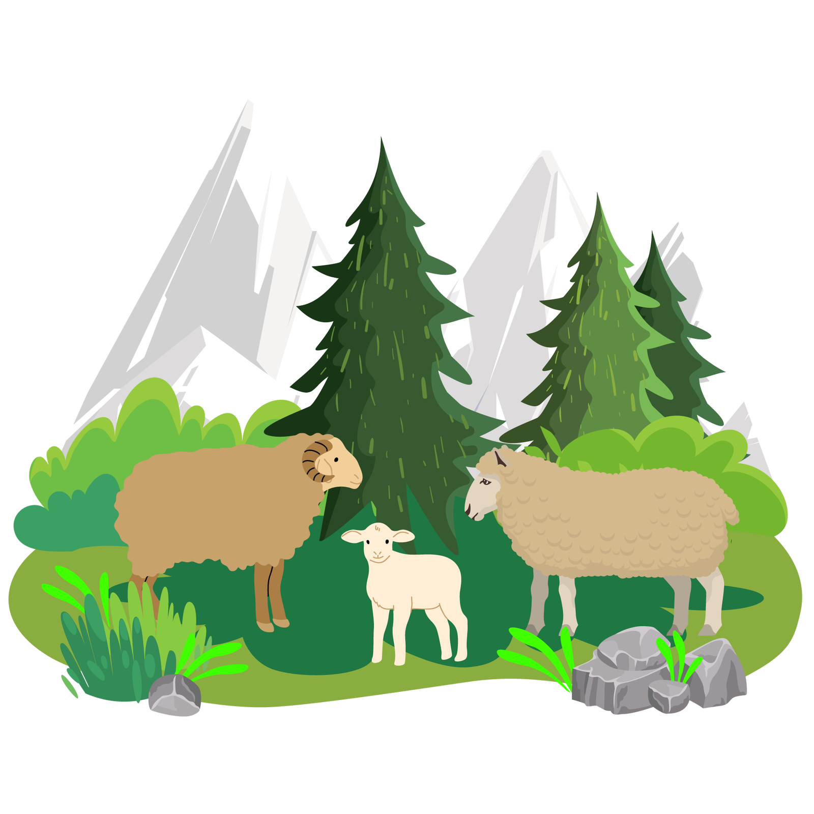 Ilustracja przedstawia krajobraz górski. W tle widać wysokie góry. Na pierwszym planie znajduje się zielona polana porośnięta zieloną trawą, krzewami i drzewami iglastymi. Gdzieniegdzie leżą szare kamienie. Na polanie stoi baran, owca i mała owieczka.