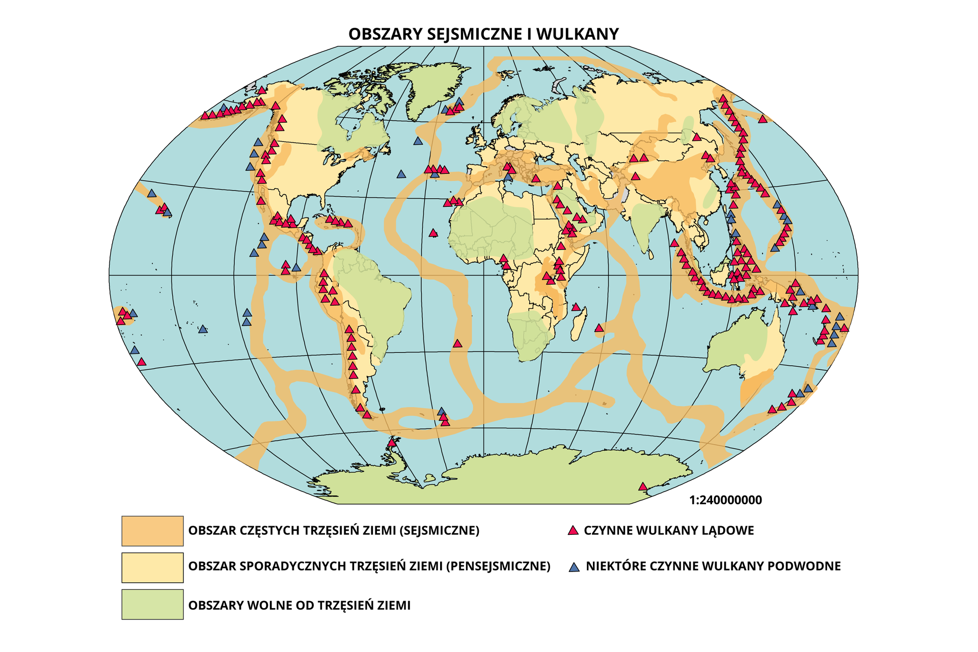 Ilustracja przedstawia mapę świata. Zaznaczono obszary sejsmiczne i wulkany. Obszary częstych trzęsień ziemi (sejsmiczne): zachodnie wybrzeże Ameryki Północnej i Południowej, a także nieco na zachód od lądu na Pacyfiku, z północy na południe Atlantyku, dookoła Afryki, południe Europy, Półwysep Arabski, południowo‑wschodnia Azja, pas wzdłuż wschodniego wybrzeża Azji z północy na południe, rejon Indonezji, południe Australii, na Pacyfiku na wschód od Australii. Obszary, na których występują czynne wulkany lądowe: wzdłuż zachodniej części Ameryki Północnej i Południowej, południe Europy, Islandia, Półwysep Arabski, Indonezja i Malezja, rejon Himalajów, rejon na wschód od Azji rozciągający się z północy na południe, wschód Afryki. Niektóre czynne wulkany podwodne zaznaczono na Pacyfiku i na Atlantyku. Pozostałe obszary lądowe to obszary sporadycznych trzęsień ziemi i wolne od trzęsień ziemi. Obszary wolne od trzęsień ziemi to przede wszystkim Grenlandia, północno‑wschodnia Ameryka Północna oraz Ameryka Południowa, południe oraz zachód Afryki, północ Europy na wysokości Skandynawii, Półwysep Arabski, południowe, centralne i wschodnie Indie, zachodnia Australia, Antarktyda.    