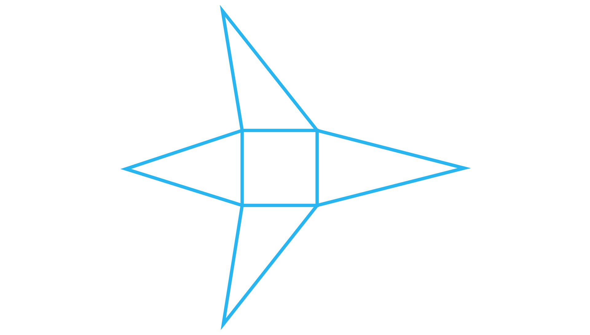 Ilustracja przedstawia siatkę ostrosłupa o podstawie czworokąta. Składa się ona z kwadratu i czterech różnych trójkątów.