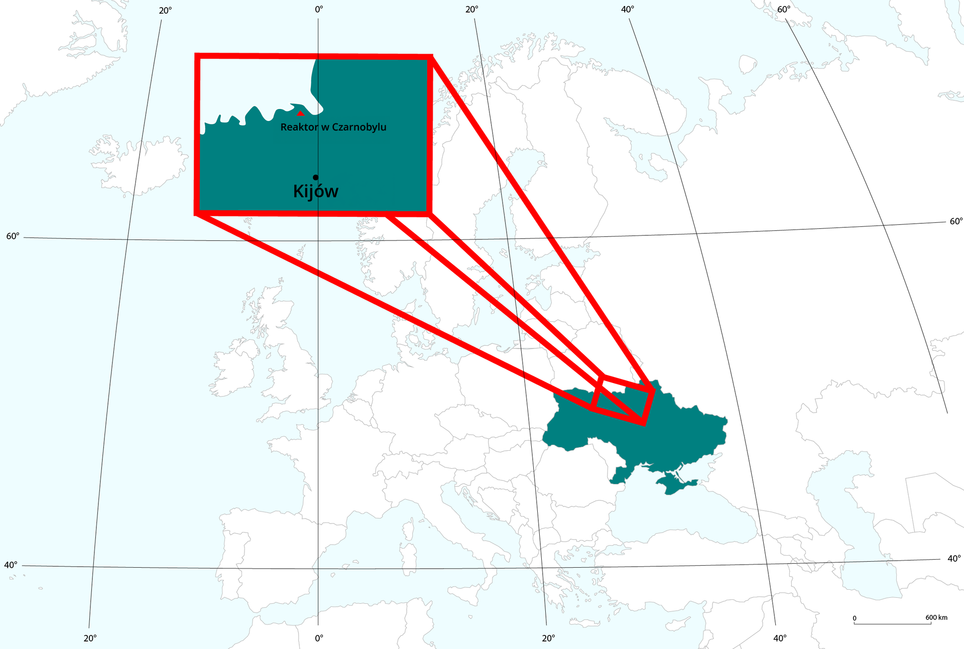 Grafika ukazuję mapę Europy, która przedstawia położenie elektrowni jądrowej w Czarnobylu. Na mapę naniesiona jest siatka równoleżników co 20 stopni oraz południków, również o dwadzieścia stopni. Ukraina jest zamalowana kolorem ciemno zielonym a reszta państw jest w kolorze białym. Na tym państwie jest zaznaczony prostokąt o czerwonych bokach, z którego z kolei wychodzi następny prostokąt, na którym jest ukazane zbliżenie na miasto Kijów oraz reaktor w Czarnobylu. 
