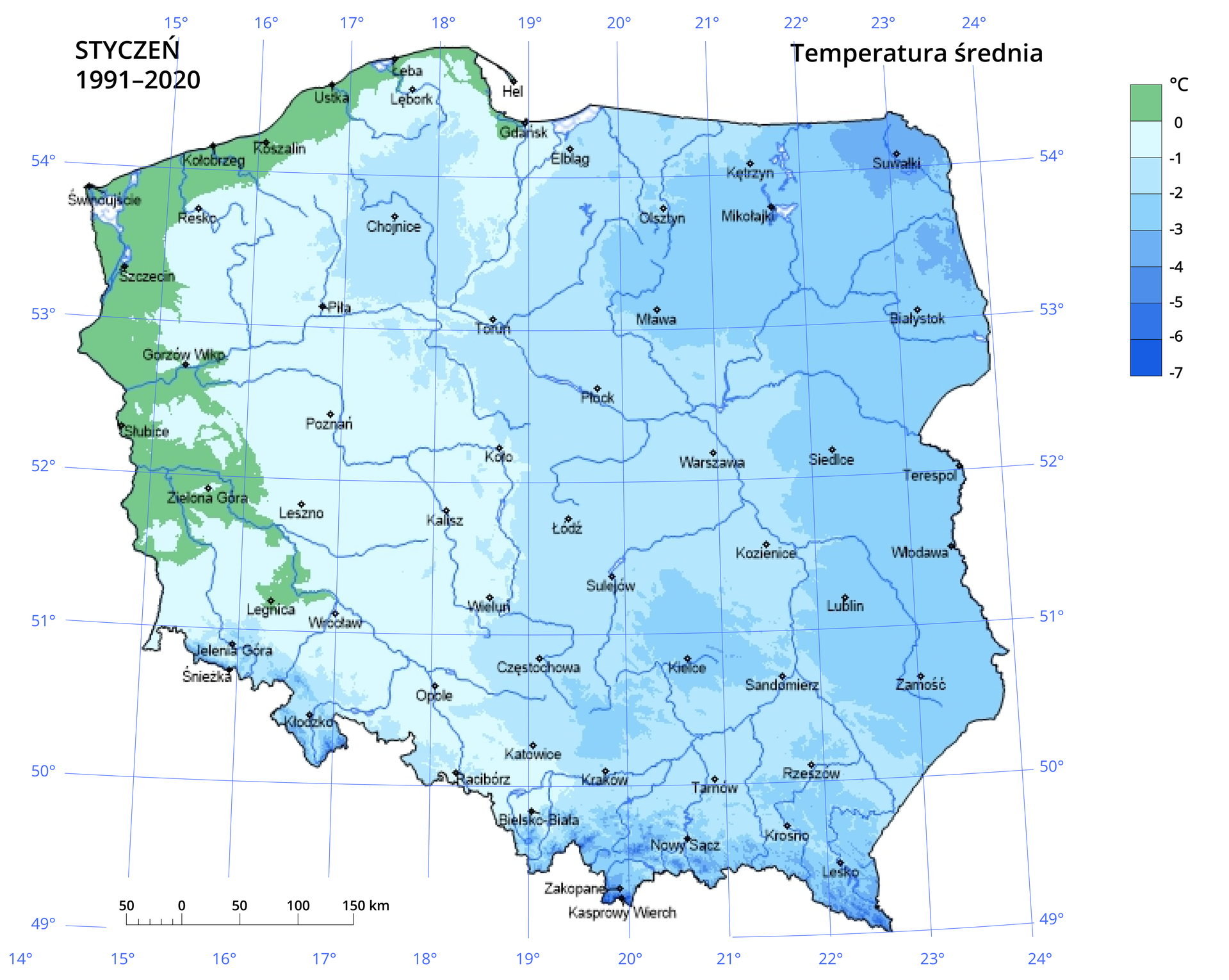 Mapa Polski przedstawiająca średnią roczną temperaturę powietrza zimą w stopniach Celsjusza w latach 1991‑2020. Temperatury oznaczono kolorami, od ciemnoniebieskiego dla najniższych do zielonego w przypadku najwyższych. W lewym dolnym rogu znajduje się legenda w której oznaczono kolorami wartości temperatury. Najciemniejszy odcień niebieskiego odpowiada temperaturom poniżej -5 stopni Celsjusza, jasnozielony odpowiada temperaturom powyżej 1 stopnia Celsjusza. Najcieplejsze obszary Polski zimą w wieloleciu znajdowały się na zachodzie kraju i nad wybrzeżem Bałtyku. Temperatury powyżej zera obejmowały obszar na zachód od Gdańska, Lęborka, Piły, Koła, Wielunia, Częstochowy i Katowic. Reszta kraju cechowała się temperaturą poniżej 0 stopni Celsjusza. Najzimniejsze obszary występowały w górach, zarówno w Sudetach i Karpatach oraz na północnym wschodzie kraju w okolicy Suwałk. Na mapie znajduje się siatka kartograficzna na której opisano wartości południków i równoleżników co jeden stopień. W lewym dolnym rogu znajduje się podziałka liniowa, natomiast u góry mapy, po lewej napis Zima 1991‑2020, w prawym temperatura średnia.