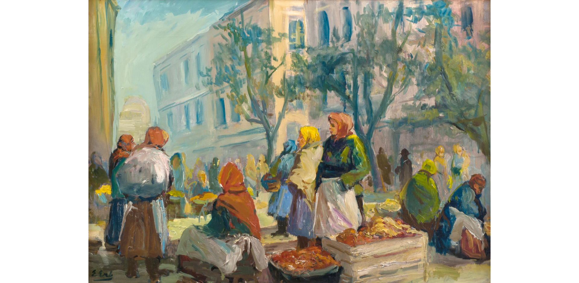 Ilustracja przedstawia bazar, gdzie kobiety mają w koszach i skrzynkach owoce.