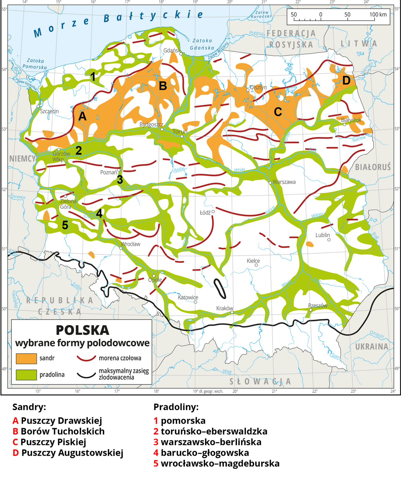 Mapa Polski przedstawia pradoliny i sandry. Pradoliny znajdują się w dolinach rzek w całej Polsce. Sandry występują w północnej Polsce, w pasie pojezierzy. Moreny czołowe występują tam, gdzie sięgały poszczególne zlodowacenia. Maksymalny zasięg zlodowacenia dotarł pod Sudety i Karpaty.